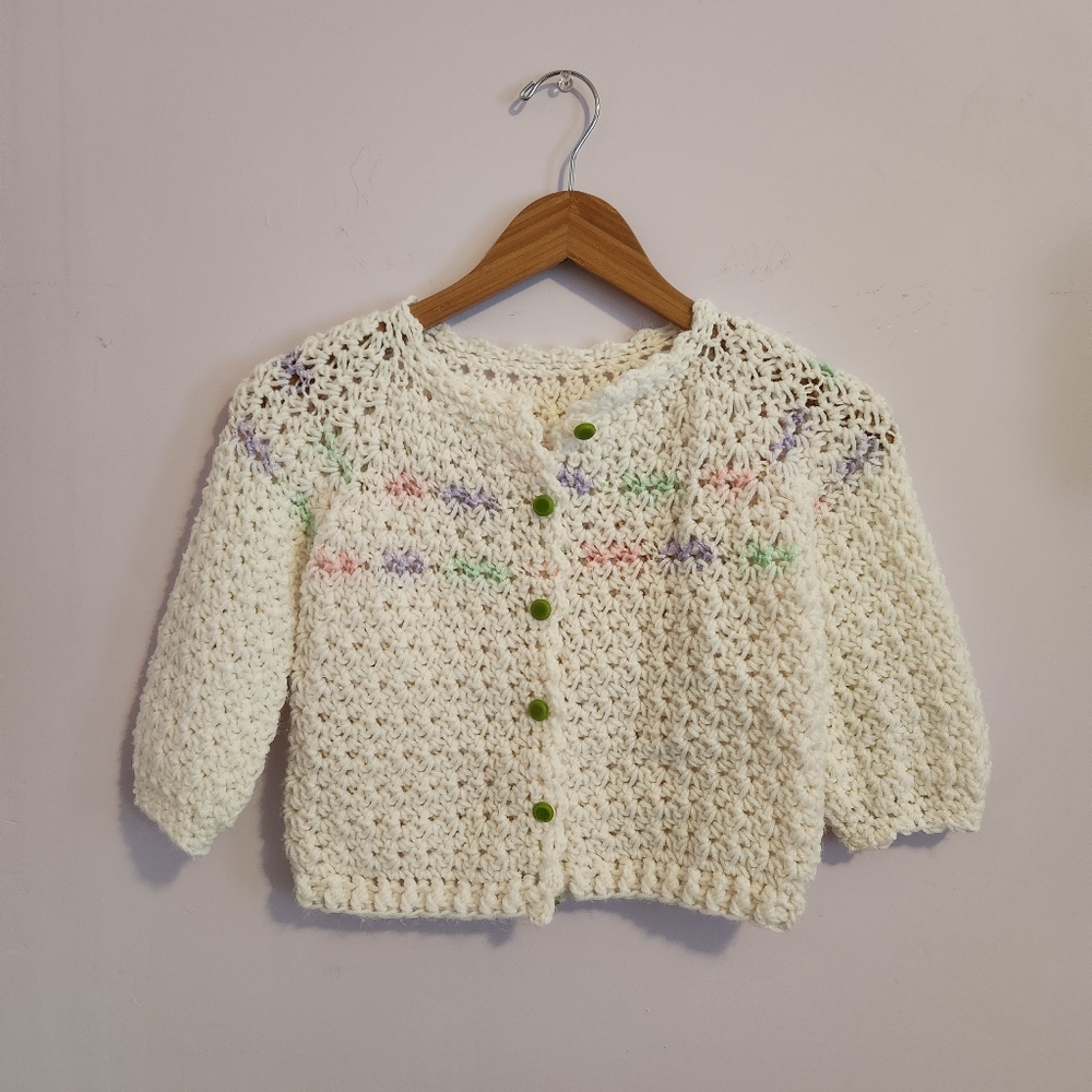 Hand Crafted Cream Knit Sweater with Multicolor Accents